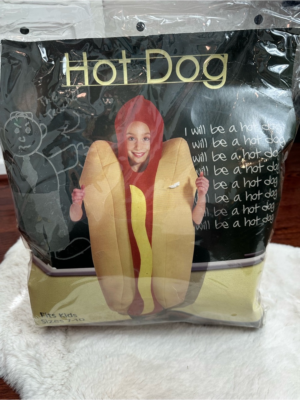 Hot Dog Kids Costume - Yellow/Brown Bun with mustard. Youth side 7-10